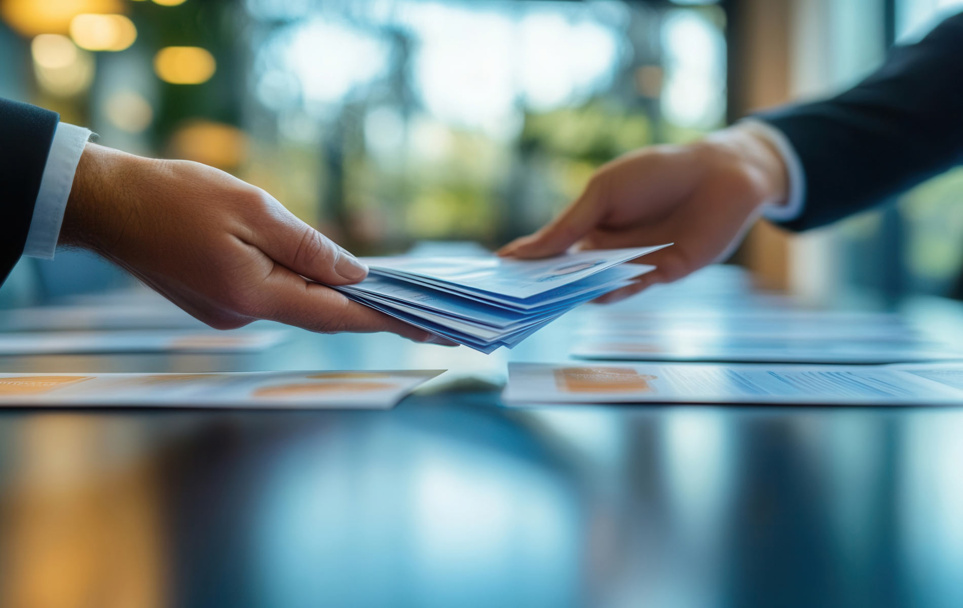 2 hands exchanging brochures at an event